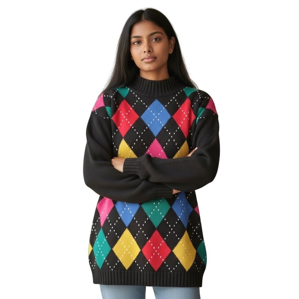 VTG 90 Colorblock Argyle Tunic Sweater S Mock Neck Oversized Colorful Preppy EUC